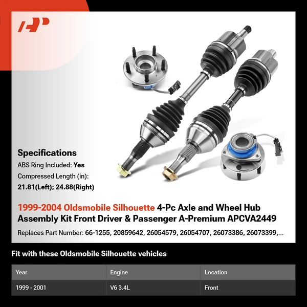 1999-2004 Oldsmobile Silhouette 4-Pc Axle and Wheel Hub Assembly Kit Front Driver & Passenger A-Premium APCVA2449