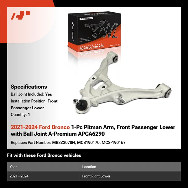 2021-2024 Ford Bronco 1-Pc Pitman Arm, Front Passenger Lower with Ball Joint A-Premium APCA6290