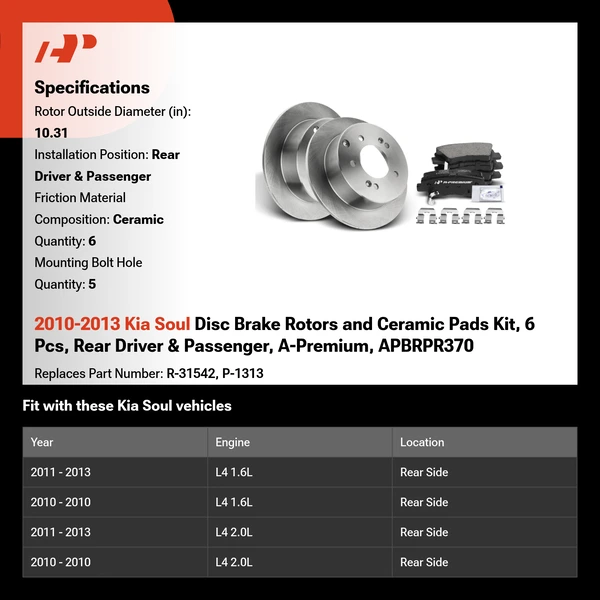 2010-2013 Kia Soul Disc Brake Rotors and Ceramic Pads Kit, 6 Pcs, Rear Driver & Passenger, A-Premium, APBRPR370
