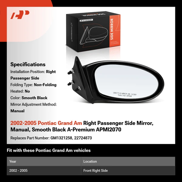 2002-2005 Pontiac Grand Am Right Passenger Side Mirror, Manual, Smooth Black A-Premium APMI2070