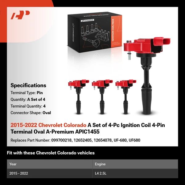 2015-2022 Chevrolet Colorado A Set of 4-Pc Ignition Coil 4-Pin Terminal Oval A-Premium APIC1455