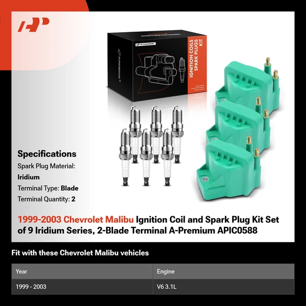 1999-2003 Chevrolet Malibu Ignition Coil and Spark Plug Kit Set of 9 Iridium Series, 2-Blade Terminal A-Premium APIC0588