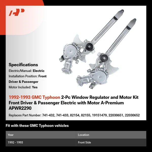 1992-1993 GMC Typhoon 2-Pc Window Regulator and Motor Kit Front Driver & Passenger Electric with Motor A-Premium APWR2290