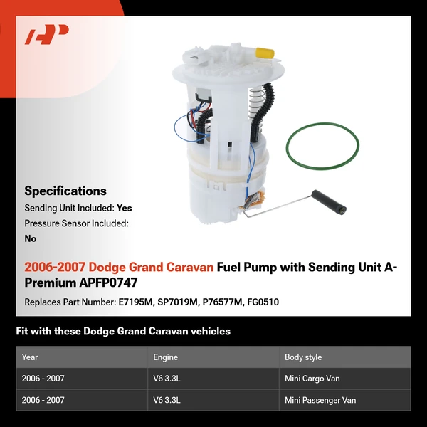 2006-2007 Dodge Grand Caravan Fuel Pump with Sending Unit A-Premium APFP0747