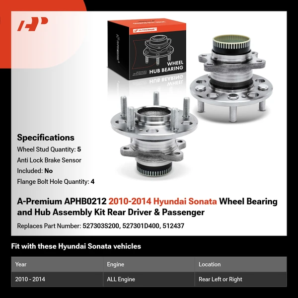 A-Premium APHB0212 2010-2014 Hyundai Sonata Wheel Bearing and Hub Assembly Kit Rear Driver & Passenger