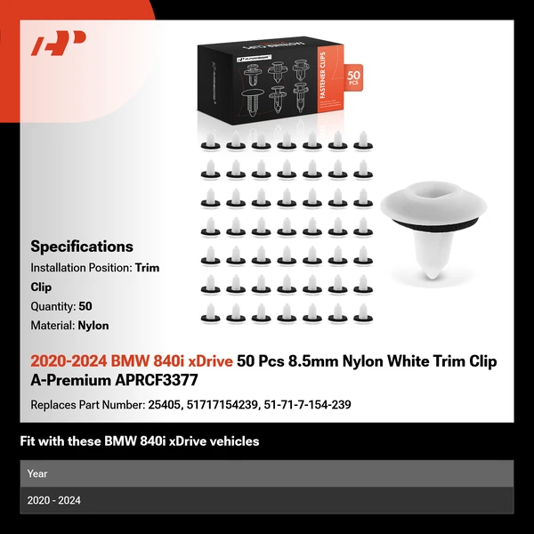 2020-2024 BMW 840i xDrive 50 Pcs 8.5mm Nylon White Trim Clip A-Premium APRCF3377