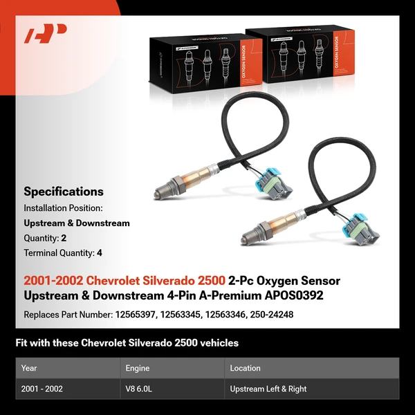 2001-2002 Chevrolet Silverado 2500 2-Pc Oxygen Sensor Upstream & Downstream 4-Pin A-Premium APOS0392