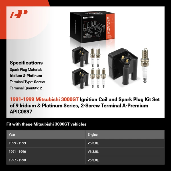 1991-1999 Mitsubishi 3000GT Ignition Coil and Spark Plug Kit Set of 9 Iridium & Platinum Series, 2-Screw Terminal A-Premium APIC0897