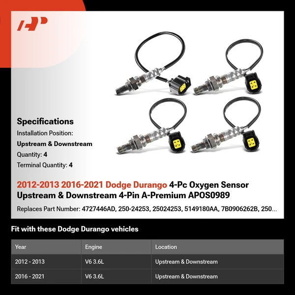 2012-2013 2016-2021 Dodge Durango 4-Pc Oxygen Sensor Upstream & Downstream 4-Pin A-Premium APOS0989