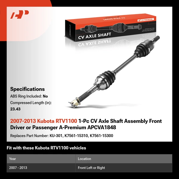 2007-2013 Kubota RTV1100 1-Pc CV Axle Shaft Assembly Front Driver or Passenger A-Premium APCVA1848