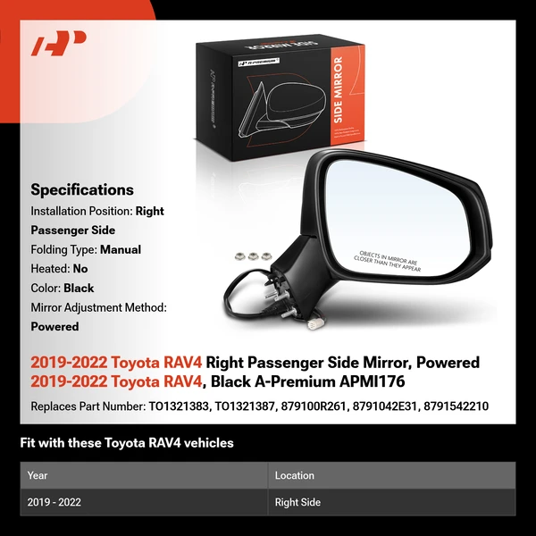 2019-2022 Toyota RAV4 Right Passenger Side Mirror, Powered 2019-2022 Toyota RAV4, Black A-Premium APMI176