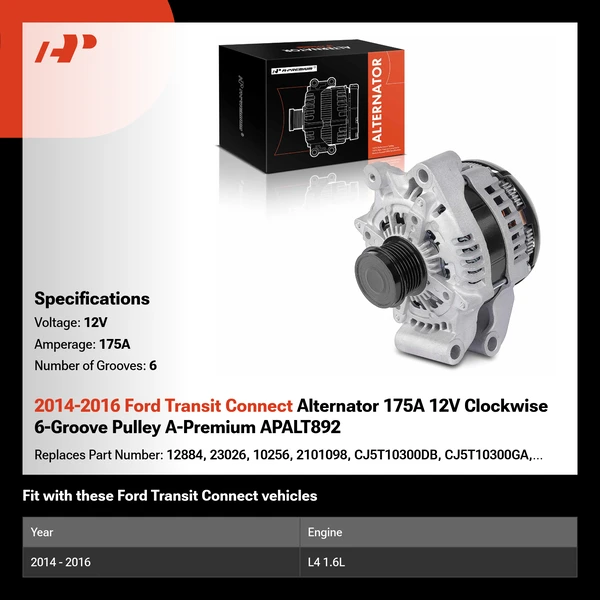 2014-2016 Ford Transit Connect Alternator 175A 12V Clockwise 6-Groove Pulley A-Premium APALT892