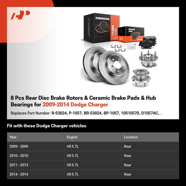 8 Pcs Rear Disc Brake Rotors & Ceramic Brake Pads & Hub Bearings for 2009-2014 Dodge Charger