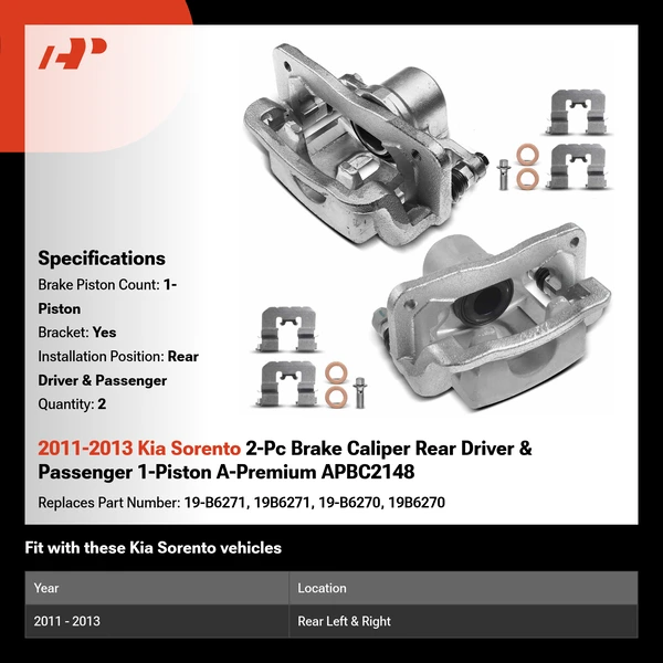 2011-2013 Kia Sorento 2-Pc Brake Caliper Rear Driver & Passenger 1-Piston A-Premium APBC2148