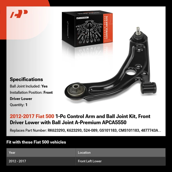 2012-2017 Fiat 500 1-Pc Control Arm and Ball Joint Kit, Front Driver Lower with Ball Joint A-Premium APCA5550