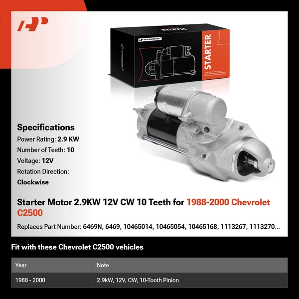 Starter Motor 2.9KW 12V CW 10 Teeth for 1988-2000 Chevrolet C2500
