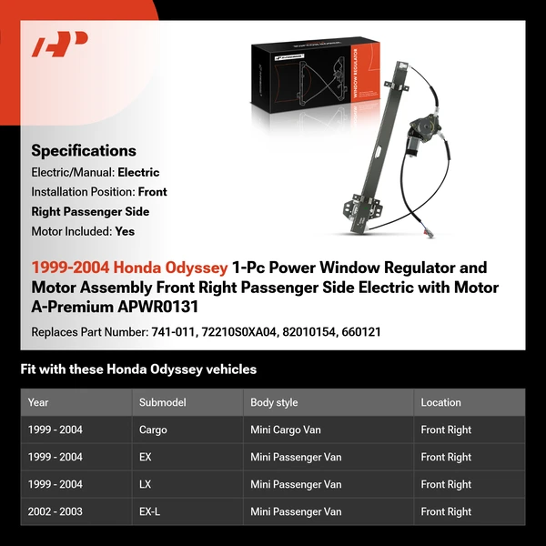 1999-2004 Honda Odyssey 1-Pc Power Window Regulator and Motor Assembly Front Right Passenger Side Electric with Motor A-Premium APWR0131