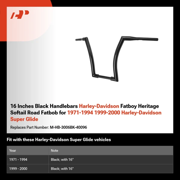 16 Inches Black Handlebars Harley-Davidson Fatboy Heritage Softail Road Fatbob for 1971-1994 1999-2000 Harley-Davidson Super Glide