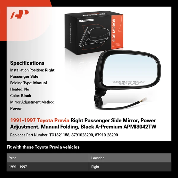 1991-1997 Toyota Previa Right Passenger Side Mirror, Power Adjustment, Manual Folding, Black A-Premium APMI3042TW