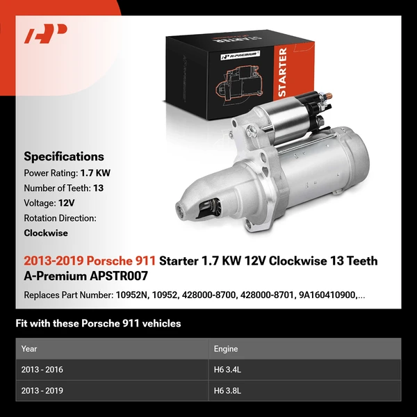 2013-2019 Porsche 911 Starter 1.7 KW 12V Clockwise 13 Teeth A-Premium APSTR007