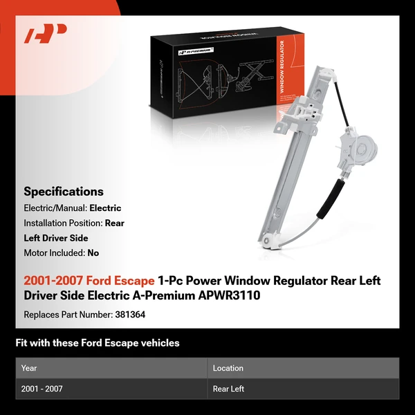 2001-2007 Ford Escape 1-Pc Power Window Regulator Rear Left Driver Side Electric A-Premium APWR3110