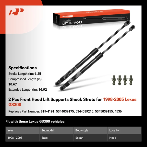 2 Pcs Front Hood Lift Supports Shock Struts for 1998-2005 Lexus GS300