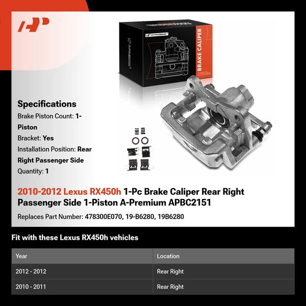 2010-2012 Lexus RX450h 1-Pc Brake Caliper Rear Right Passenger Side 1-Piston A-Premium APBC2151