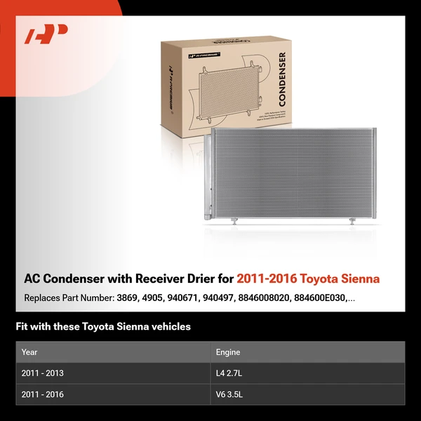 AC Condenser with Receiver Drier for 2011-2016 Toyota Sienna