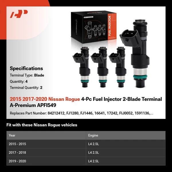 2015 2017-2020 Nissan Rogue 4-Pc Fuel Injector 2-Blade Terminal A-Premium APFI549