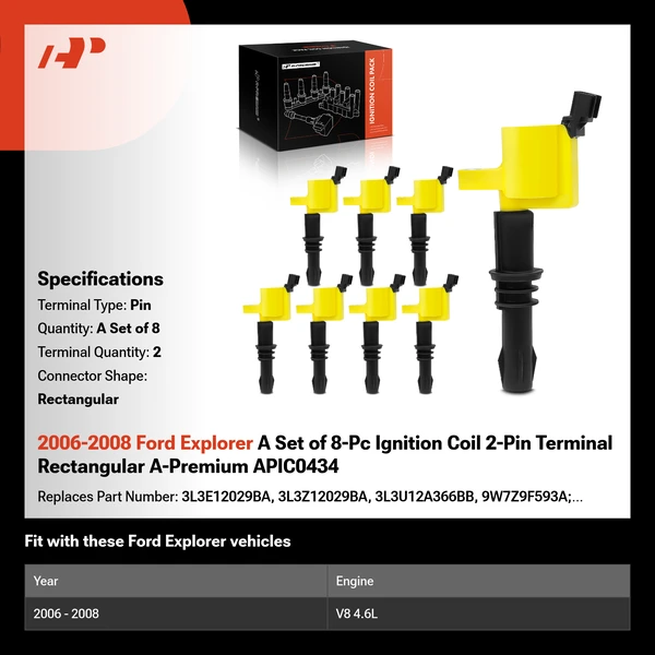 2006-2008 Ford Explorer A Set of 8-Pc Ignition Coil 2-Pin Terminal Rectangular A-Premium APIC0434