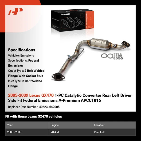 2005-2009 Lexus GX470 1-PC Catalytic Converter Rear Left Driver Side Fit Federal Emissions A-Premium APCCT816
