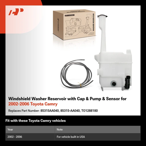 Windshield Washer Reservoir with Cap & Pump & Sensor for 2002-2006 Toyota Camry