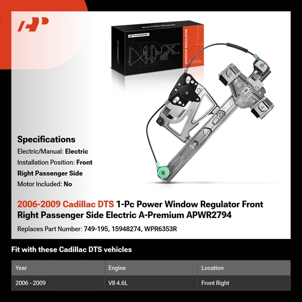 2006-2009 Cadillac DTS 1-Pc Power Window Regulator Front Right Passenger Side Electric A-Premium APWR2794