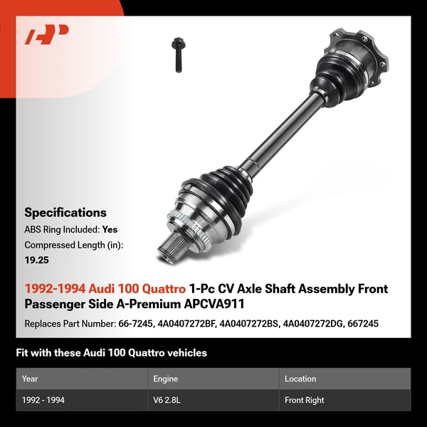 1992-1994 Audi 100 Quattro 1-Pc CV Axle Shaft Assembly Front Passenger Side A-Premium APCVA911