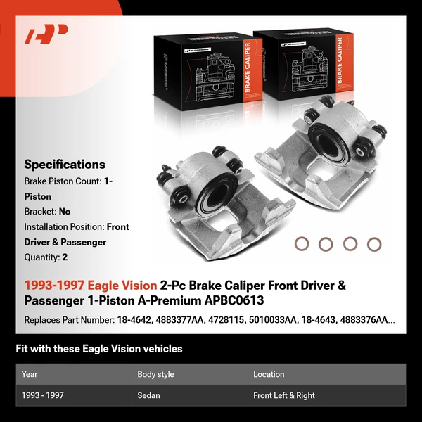 1993-1997 Eagle Vision 2-Pc Brake Caliper Front Driver & Passenger 1-Piston A-Premium APBC0613