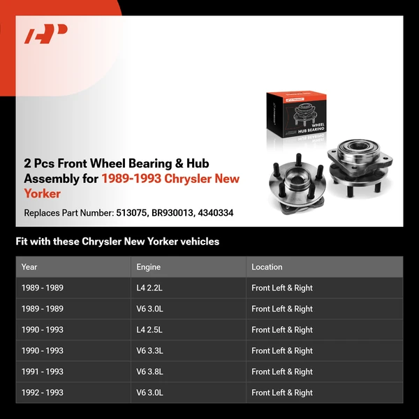 2 Pcs Front Wheel Bearing & Hub Assembly for 1989-1993 Chrysler New Yorker