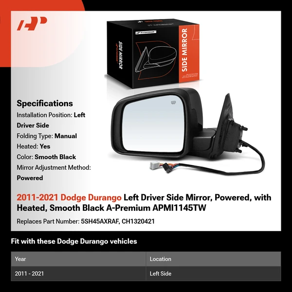 2011-2021 Dodge Durango Left Driver Side Mirror, Powered, with Heated, Smooth Black A-Premium APMI1145TW