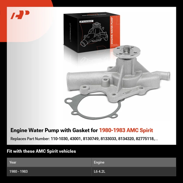 Engine Water Pump with Gasket for 1980-1983 AMC Spirit