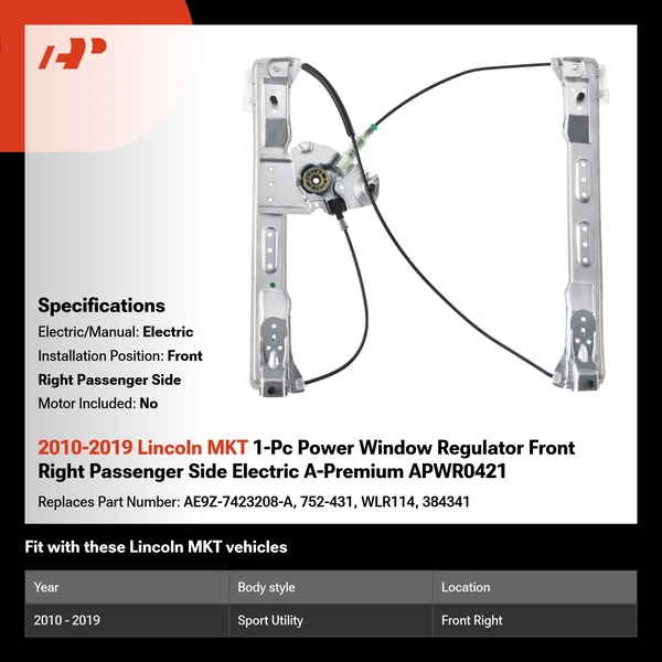 2010-2019 Lincoln MKT 1-Pc Power Window Regulator Front Right Passenger Side Electric A-Premium APWR0421