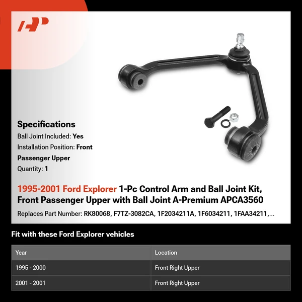1995-2001 Ford Explorer 1-Pc Control Arm and Ball Joint Kit, Front Passenger Upper with Ball Joint A-Premium APCA3560