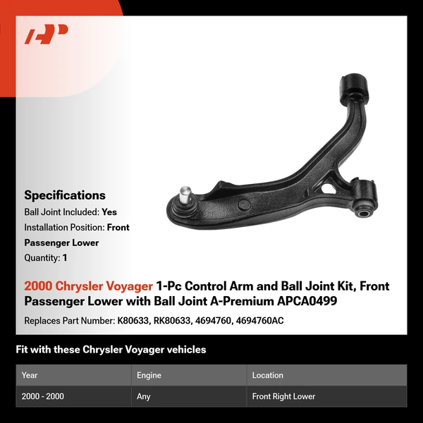 2000 Chrysler Voyager 1-Pc Control Arm and Ball Joint Kit, Front Passenger Lower with Ball Joint A-Premium APCA0499