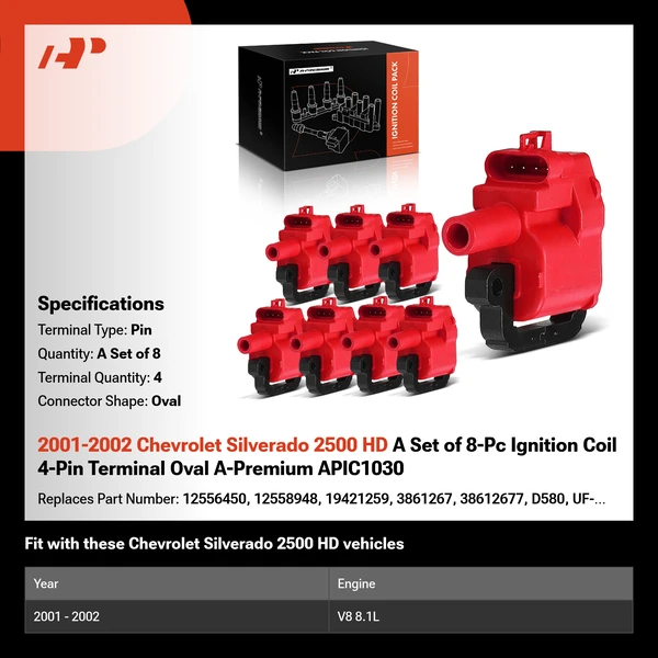 2001-2002 Chevrolet Silverado 2500 HD A Set of 8-Pc Ignition Coil 4-Pin Terminal Oval A-Premium APIC1030