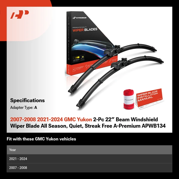 2007-2008 2021-2024 GMC Yukon 2-Pc 22″ Beam Windshield Wiper Blade All Season, Quiet, Streak Free A-Premium APWB134