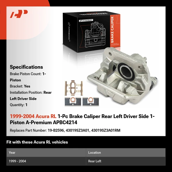 1999-2004 Acura RL 1-Pc Brake Caliper Rear Left Driver Side 1-Piston A-Premium APBC4214