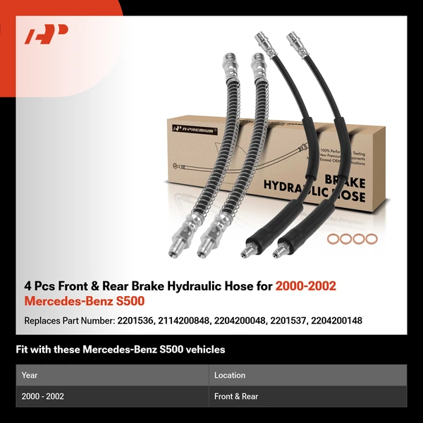 4 Pcs Front & Rear Brake Hydraulic Hose for 2000-2002 Mercedes-Benz S500