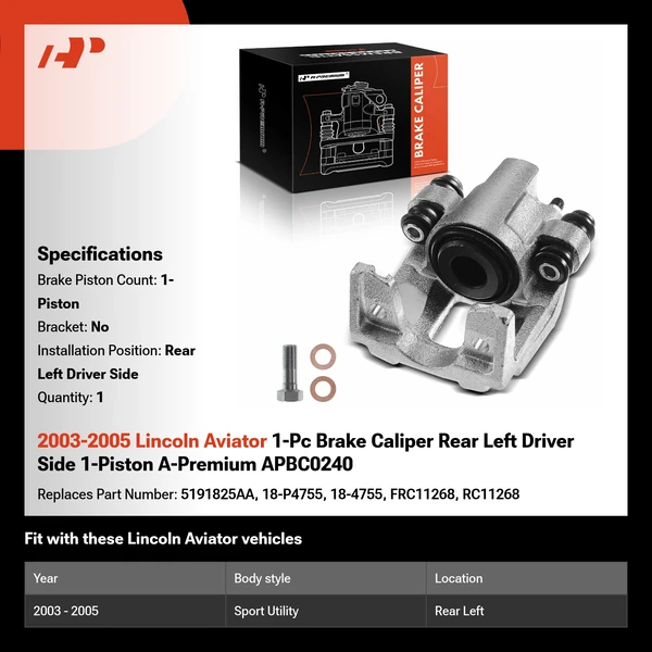 2003-2005 Lincoln Aviator 1-Pc Brake Caliper Rear Left Driver Side 1-Piston A-Premium APBC0240