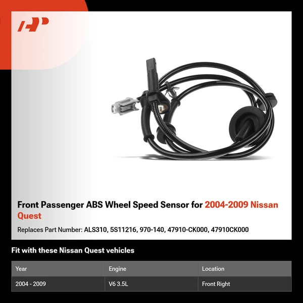 Front Passenger ABS Wheel Speed Sensor for 2004-2009 Nissan Quest