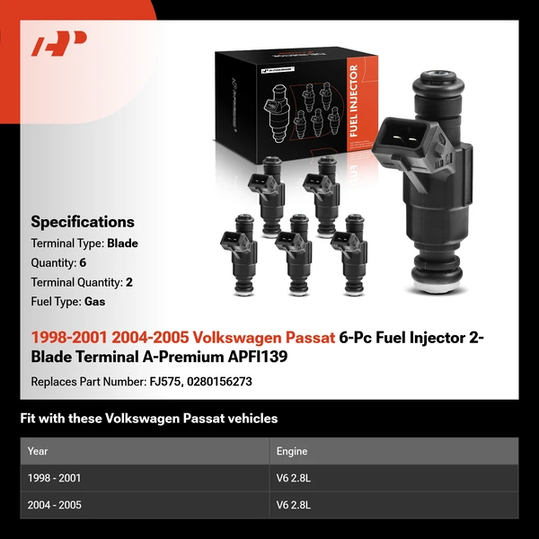 1998-2001 2004-2005 Volkswagen Passat 6-Pc Fuel Injector 2-Blade Terminal A-Premium APFI139