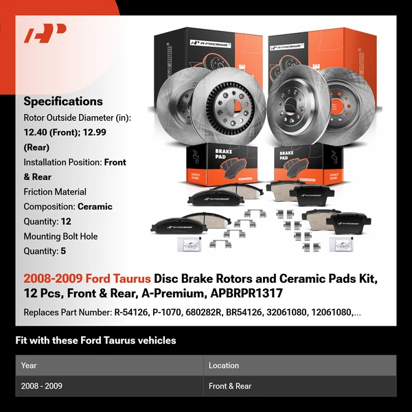 2008-2009 Ford Taurus Disc Brake Rotors and Ceramic Pads Kit, 12 Pcs, Front & Rear, A-Premium, APBRPR1317