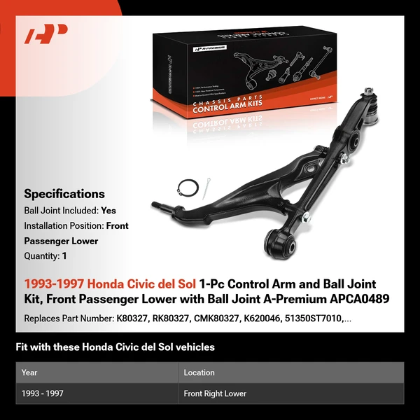 1993-1997 Honda Civic del Sol 1-Pc Control Arm and Ball Joint Kit, Front Passenger Lower with Ball Joint A-Premium APCA0489